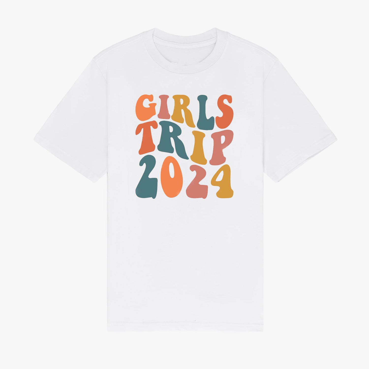 Custom Girls Trip 2024 shirts displayed with vibrant vacation scenes, each uniquely designed to capture the essence of adventure. Personalization option available, allowing customers to add their name to the front. Perfect addition to any vacation wardrobe. Made in Canada, 100% Cotton
