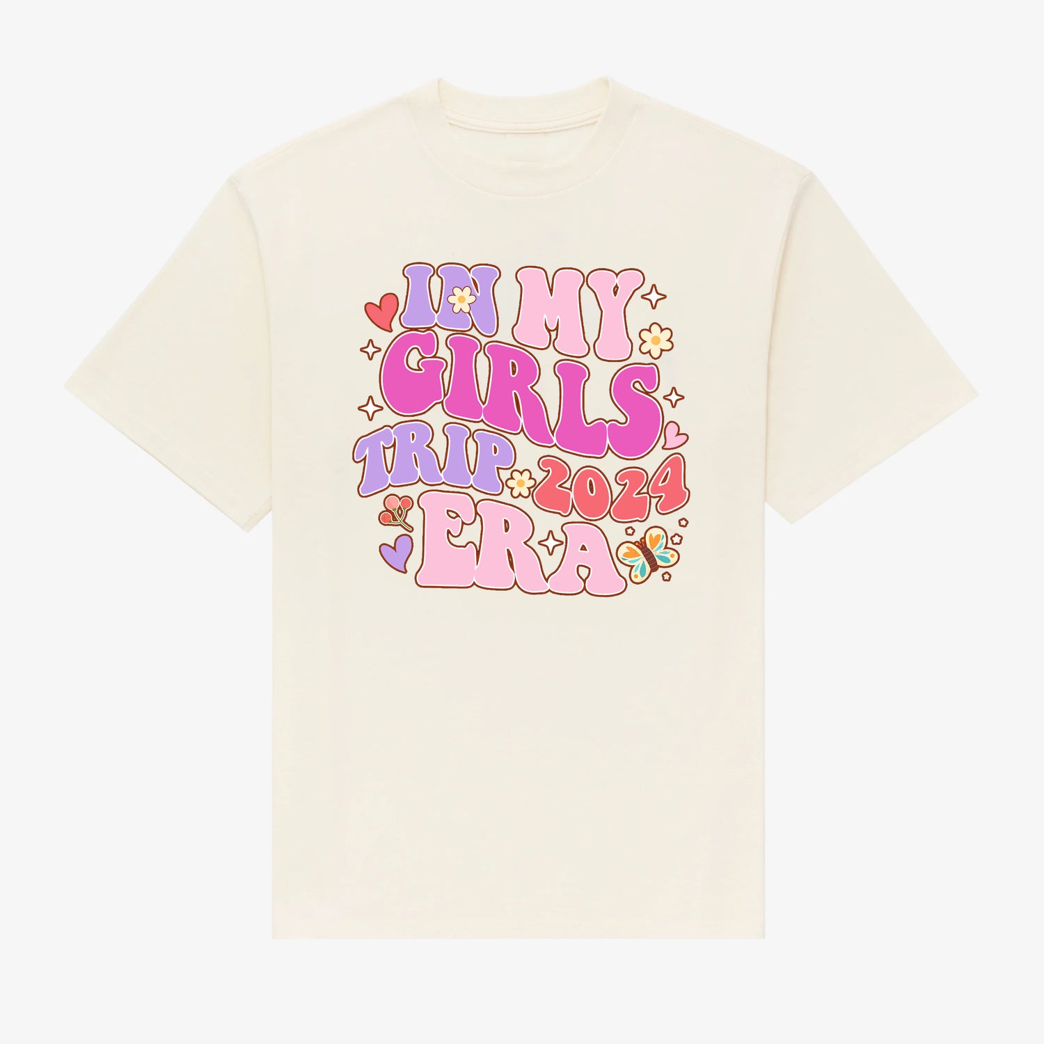 Custom Girls Trip 2024 shirts displayed with vibrant vacation scenes, each uniquely designed to capture the essence of adventure. Personalization option available, allowing customers to add their name to the front. Perfect addition to any vacation wardrobe. Made in Canada, 100% Cotton