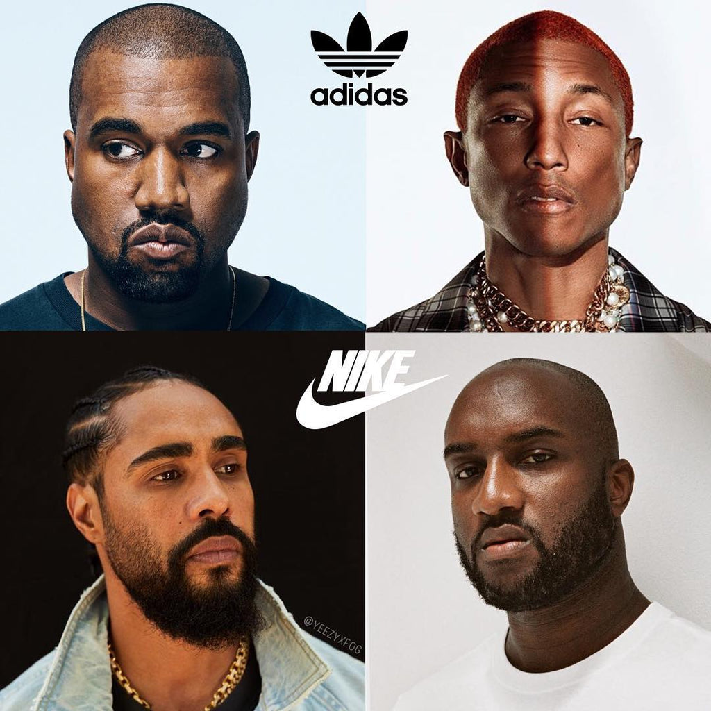Fashion icons Jerry Lorenzo, Kanye West, Pharrell Williams, and Virgil Abloh in a candid moment
