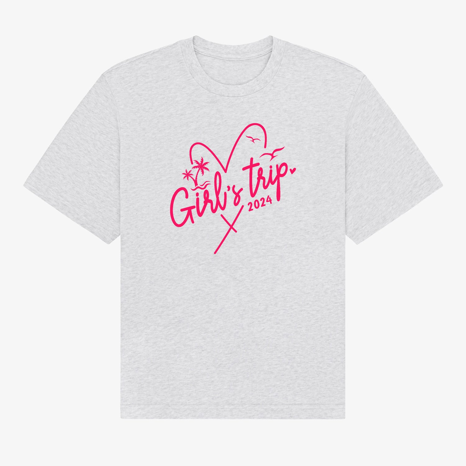 Custom Girls Trip 2024 shirts displayed with vibrant vacation scenes, each uniquely designed to capture the essence of adventure. Personalization option available, allowing customers to add their name to the front. Perfect addition to any vacation wardrobe. Made in Canada, 100% Cotton